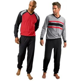LE JOGGER Pyjama LE JOGGER, Herren, Gr. 44/46 (S), schwarz (rot, schwarz, grau, schwarz), Jersey, Obermaterial: 100% Baumwolle, unifarben, Basic, lang, V-Ausschnitt, angesetztes Bündchen, Homewear-Sets Pyjama, Schlafanzug in langer Form