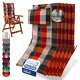 Beautissu 5er Set Premium Hochlehner Auflage Kopfpolster 120x50cm Sun-HL – 8cm Dick Polster Gartenstuhlauflage rutschfest Befestigungsbänder UV-Lichtechtheit 5 – Robust Stoff Orange Beige kariert