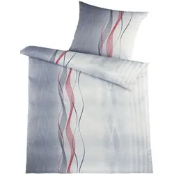 KH-Haushaltshandel 2-tlg. Seersucker Bettwäsche 135x200 +80x80cm, grautöne rot, Wellen, bügelfrei