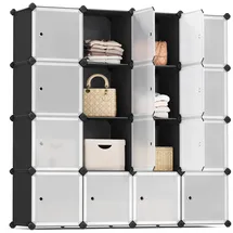 Songmics Regalsystem, Schuhregal, Set aus 16 Würfeln, Kleiderschrank aus Kunststoff, mit Türen, Steckregal, Aufbewahrung von Kleidung, Schuhen und Büchern, einfache Montage, schwarz LPC44HS