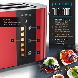 Arendo Toaster 4 Scheiben, Langschlitz, Edelstahl, 1500W, Display mit Restzeitanzeige, Brötchenaufsatz, Defrost Funktion, Wär... - Rot
