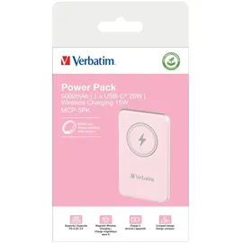 Verbatim Charge ́n ́Go Magnetic Power Bank 5000 mAh, Wireless Charger 15 W, 20 W PD per USB-C, Powerbank klein und magnetisch für iPhone 17/16/15/14/13 Pro, Samsung Galaxy S25 / S25 Plus, iPad, rosa