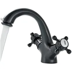 KLARWERK EVA | Vintage Wasserhahn Bad Schwarz matt Bad Armatur | Retro Premium Edelstahl Armatur für Waschbecken | Hotel Gastro Mischbatterie 2 Anschlüsse