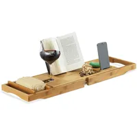 Relaxdays Badewannenablage Bambus, ausziehbares Badewannenbrett mit Buchstütze und Glashalter,
