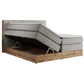 MKS Meble King Boxspringbett 160x200 mit Bettkasten Eiche, Polsterbett mit Matratze H3, Bett mit Rahmen in Wotan Eiche und Kopfteil... - Hellgrau