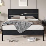 VECELO Bettgestell 140 x 200 cm, Metallbett mit Doppelschicht Holzkopfteil und Lattenrost, Modern Gästebett Jugendbett mit Stauraum Unter Dem Bett, Perfekt für Schlafzimmer, Schwarz