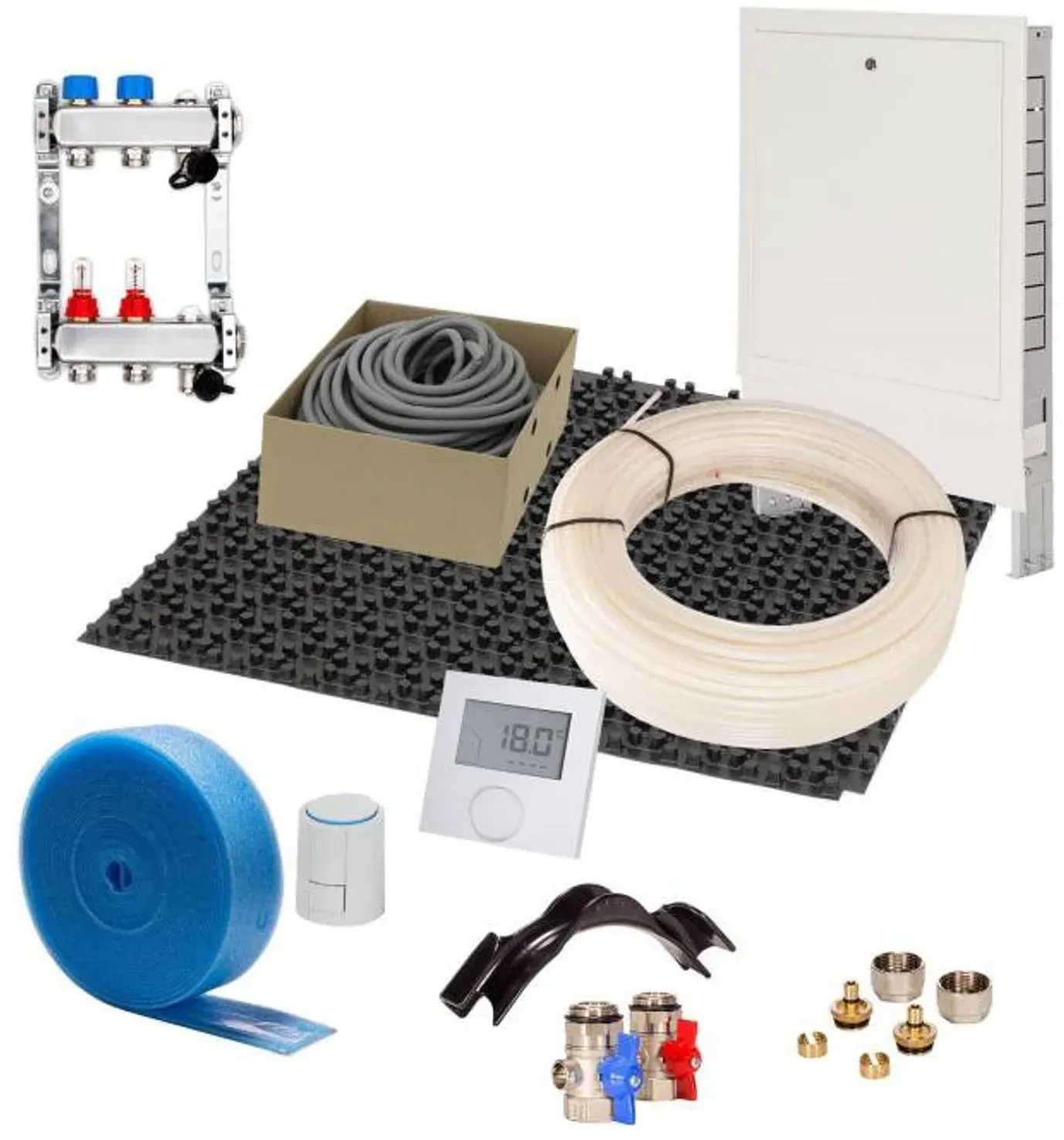 20 m2 Set Noppensystem 11 mm WLG 040 16x2 PE-RT Rohr Raster 15 cm 2 Heizkreise LCD Regler 230 V + Zubehör