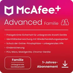 McAfee+ Advanced Familie, Antivirus und Internet-Sicherheitssoftware für eine unbegrenzte Anzahl an Geräten, 1-Jahres-Abo - [Multiplattform]