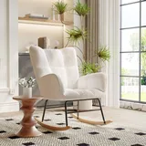 Moderner Schaukelstuhl Mit Gepolsterten Armlehnen – Schaukelsessel Für Wohn- Oder Schlafzimmer – Wollstoff Und Buchenholz – Beige
