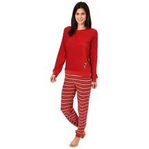 RELAX by Normann Damen Frottee Pyjama Langarm mit Bündchen, Hose gestreift, Oberteil unifarben mit Motiv, Farbe:rot, Größe:48/50 - 48