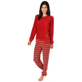 RELAX by Normann Damen Frottee Pyjama Langarm mit Bündchen, Hose gestreift, Oberteil unifarben mit Motiv, Farbe:rot, Größe:48/50 - 48