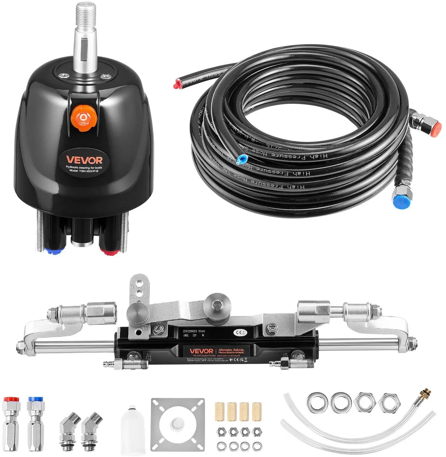 VEVOR Hydraulisches Außenborder-Lenkset, 220kW (300 PS), -Bootshydrauliklenksystem, mit 6,9 MPa Steuerpumpe, Zweiwege-Sperrzylinder & 7,9 m langen Schläuchen, für Einzelsteuerstand, Einzelmotor