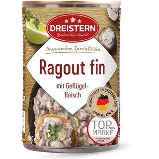 DREISTERN Ragout Fin 400g I Mit Geflügelfleisch & Champignons I Herzhaftes Fertiggericht in recyclebarer Konservendose I Lange Haltbarkeit dank natürlicher Konservierung I Hausmacher Qualität