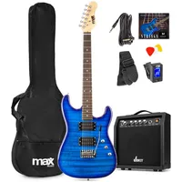 Max GigKit E Gitarre Quilted Style, E Gitarren Set mit Verstärker, Gitarrentasche, Plektrum, Stimmgerät Gitarre, Instrumentenkabel, Ersatzsaiten und Gitarrengurt, 22 Bünde - Dunkel Blau