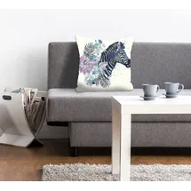 Queence Dekokissen "Vesna", lila (violett, schwarz, bedruckt), B:40cm L:40cm, Polyester, Dekokissen_Sitzkissen_Kissenhüllen, Kissenhülle,Zebra,Blumen,Bunt,Tropisch,Muster,Wild,Exotisch,Natur