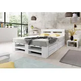 Lermowood Palettenbett M2 aus Holz 180 x 200 cm Weiß mit Kopfteil und 2 Bettkästen Holzbett 30cm Stabiles Seniorenbett Kinderbett Jugendbett Gästebett erhöhtes Bettgestell Futon Komforthöhe Naturholz