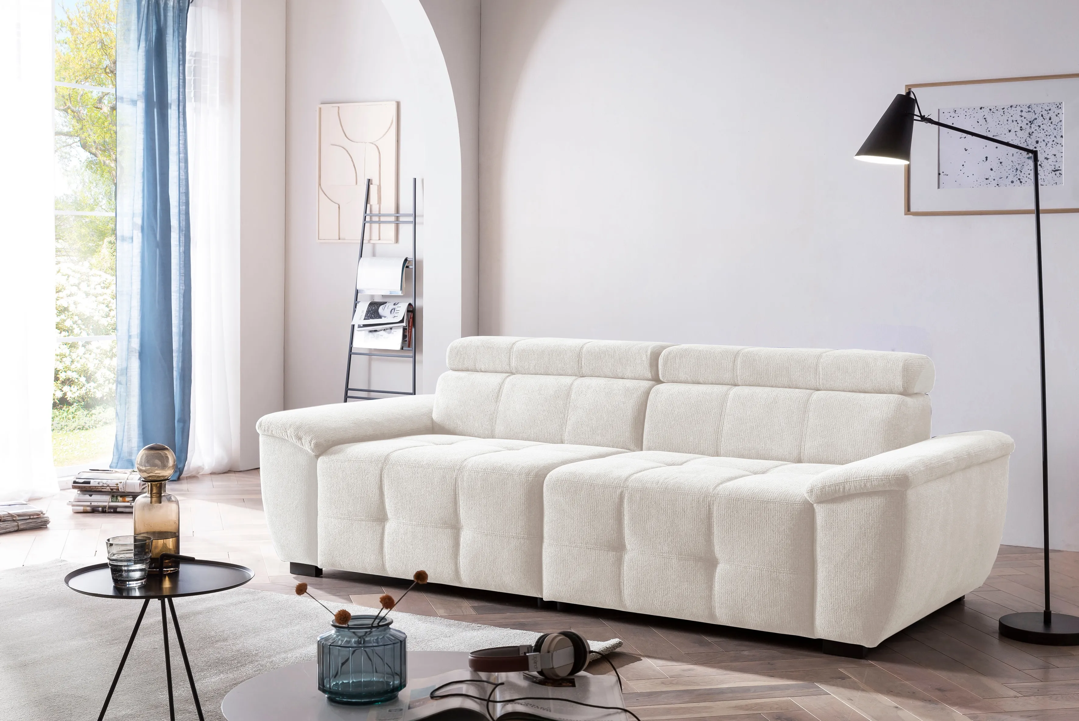 Big-Sofa EXXPO - SOFA FASHION "Exxpo MAVERICK, weicher Bezugstoff, hoher Sitzkomfort", beige, B:240cm H:80cm T:107cm, Sofas, inkl. verstellbare Kopfstützen, aufwendige Detailverarbeitung