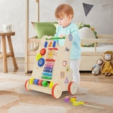 Joyz Lauflernwagen Holz, Natur, Multifunktionale Baby Walker Lauflernhilfe für Kinder ab 1 Jahr, Gehfrei, Montessori-Holzspielzeug mit 6 Aktivitäten, Gehhilfe mit Gummibereifung, Spiel- und Laufwagen