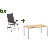 KETTLER Granada/Basic Plus Sitzgruppe, silber/anthrazit, Alu/Teak, Teaktisch 160x95 cm,  6 Multipositionssessel, klappbar