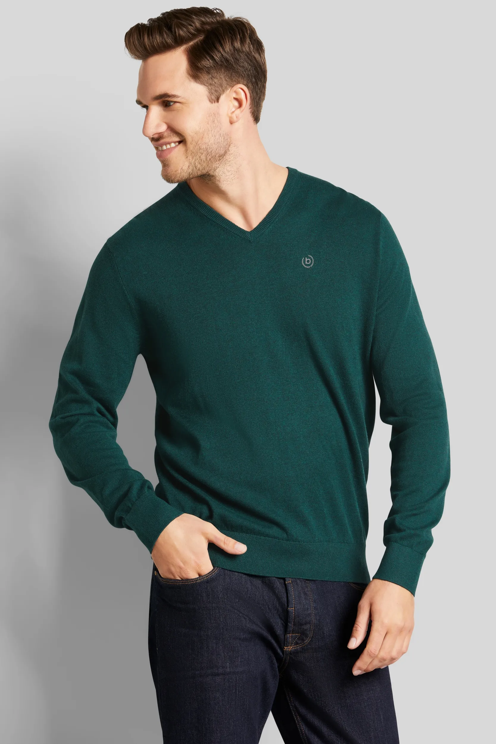 V-Ausschnitt-Pullover BUGATTI Gr. M, grün (flaschengrün) Herren Pullover V-Ausschnitt-Pullover mit V-Ausschnitt