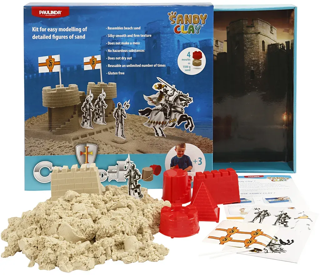 Modelliersand Bauset Ritterburg 1,5 kg beige Quarzsand für Kinder 3-8 Jahre - Sandy Clay - 4 Formen, Flaggen, Pappkulisse, wiederverwendbar