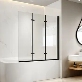 EMKE Duschwand für Badewanne 130x140 cm Schwarz, Badewannenaufsatz 3-teilig Faltbar Badewanne Duschwand, Duschtrennwand für Badewanne Badewannenfaltwand 6 mm Sicherheitsglas Duschabtrennung Badewanne