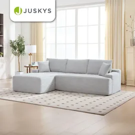 Juskys Sofa Coredo - modernes Cord Sofa mit Ottomane Links, gemütliche Couch mit Schaumstoffpolsterung, Cordbezug - Kissen, modular - Hellgrau