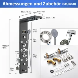 Toner Kingdom KEOKBON Duschpaneel Regendusche Edelstahl Schwarz mit LED-Lichter,5 Funktionen Duschsystem mit Handbrause, Massagedusche und Wasserfall Dusche