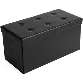 Songmics 76 cm Sitzbank mit Stauraum, Sitztruhe, Aufbewahrungsbox, Fußhocker, faltbar, gepolstert, Bezug aus Kunstleder, bis 300 kg belastbar, klassikschwarz LSF105, Schwarz