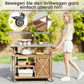 Costway Grillwagen Outdoor, Servierwagen auf Rollen, mit Edelstahl-Arbeitsplatte, Ablagen, Gewürzregal, Schrank&Handtuchhalter, (1 Tür-118x47x92 cm) - Naturbelassen