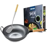 CLP Wok-Set aus Karbonstahl I Flacher oder runder Boden für Gas, Induktion und Grill I Wokpfanne mit Holzgriff, Rezeptbuch & Wokwender, Form:flach