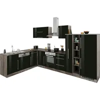 kochstation Winkelküche L-Form 340 x 120 cm schwarz hochglanz