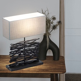 GLOBO Tischleuchte Tischlampe Beistelllampe Holzlampe Schreibtischlampe Wohnzimmerlampe, Holz schwarz Stoff grau, E27, H 50 cm