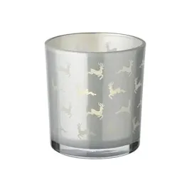 Edzard 2er-Set Teelichtglas Hiti (Höhe 8 cm, Ø 7 cm), Motiv Rentiere, außen grau, innen Gold - Windlicht, Kerzenglas