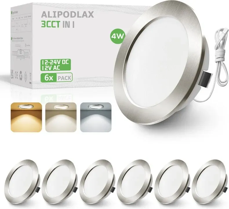 12-24 V LED Einbau-Deckenstrahler, 4 W, Möbel-Einbaustrahler, 3000 K Warmweiß, 4000 K Neutrales Weiß, 6000 K Kaltweiß, Flachloch 55-58 mm und 14,5 mm flach