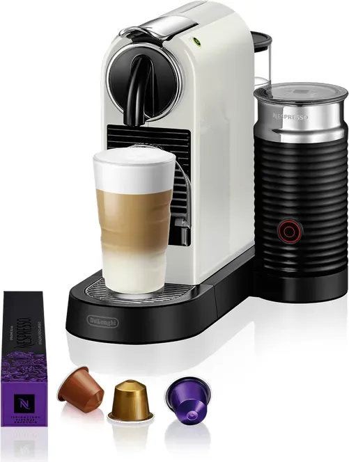 NESPRESSO DE’LONGHI CitiZ & Milk Weiß Original Kapselmaschine | inkl. Aeroccino Milchaufschäumer | 25 Sek. Aufheizzeit | 2 Tassengrößen | 19 Bar Druck | Kaffeemaschine EN267.WAE