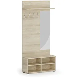 Garderobenwand PRIMO, Schuhregal + Spiegel, 4 Haken, Ablage, Eiche natur