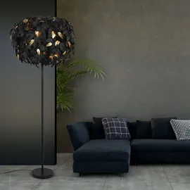 RL Stehleuchte Stehlampe Wohnzimmerleuchte Schlafzimmerlampe Beistellleuchte im Blätterdesign, Fußschalter, Metall, schwarz gold, 3x E14 Fassung, H 180 cm