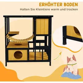 PawHut Katzenhaus aus Holz mit Hängebrücke für 1-2 Katzen bis 5 kg Gelb 84,5 x 60 x 88 cm
