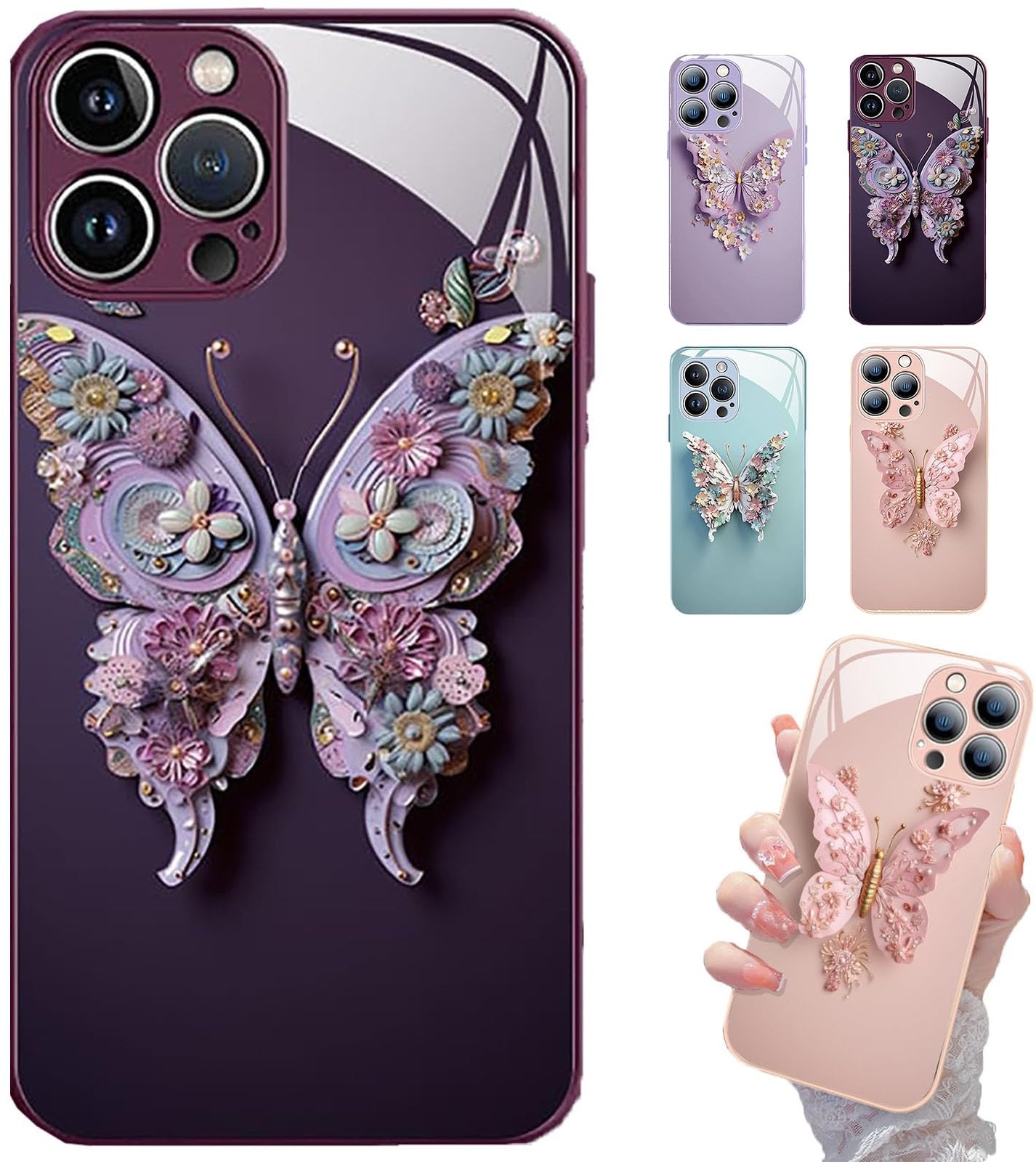 EKIDAZ Flat 3D Butterfly Pattern Glass Cover Compatible for iPhone 14/13/12/11 Pro Max,Floral Butterfly Pattern Creative Personalized Mobile Phone Cover (Dark Purple,for iPhone 13)