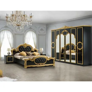 Interdesign24 Schlafzimmer-Set Donna, (4-Teilig, inkl. Spiegeltüren und Polsterung im Kopf- und Fußteil, im ausgefallenem Barock-Stil), Bett 160 x 200 cm, in Hochglanz Schwarz/Gold