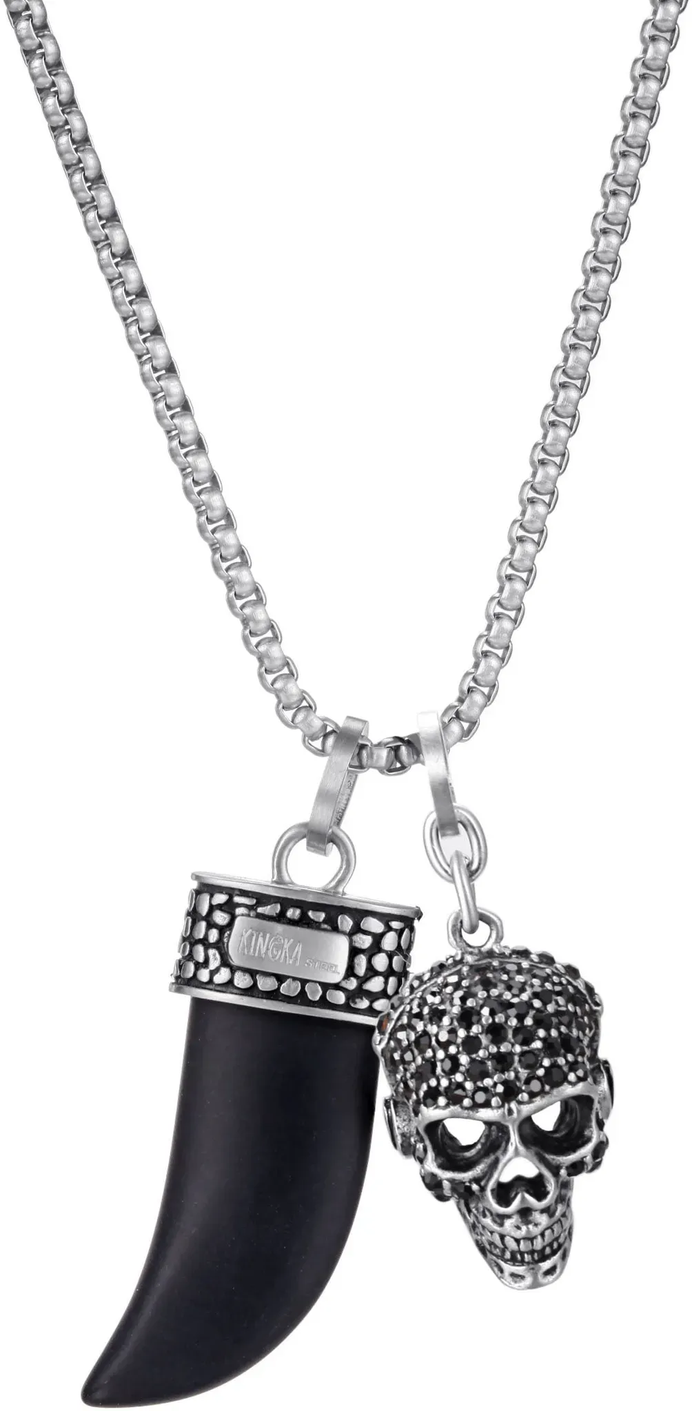 Kingka Kette mit Anhänger »Schmuck Geschenk Edelstahl Halskette Zahn Totenkopf, OSN-850SBK-BX«, (Set, 3 tlg.), mit Onyx, Zirkonia (synth.) Kingka edelstahlfarben-schwarz,schwarz