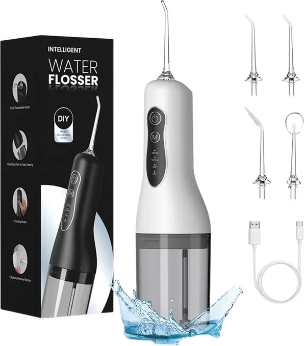 Sunluxy Tragbarer Kabelloser Zahnreiniger – 140 PSI Hochdruck-Pulswasserstrahl, 4 Modi, 260 ml Abnehmbarer Wassertank, 50 Tage Akkulaufzeit, Intelligente Speicherfunktion, 3 Düsenarten, Reisefreundliches Leichtgewicht-Design, L5 Weiß