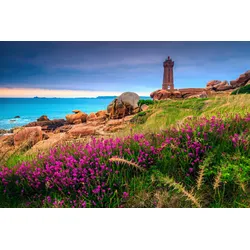 Fototapete PAPERMOON "LEUCHTTURM-BRETAGNE BLUMEN WIESE MEER OZEAN KÜSTE BERGE", bunt, B:3,50m L:2,60m, Vlies, Tapeten