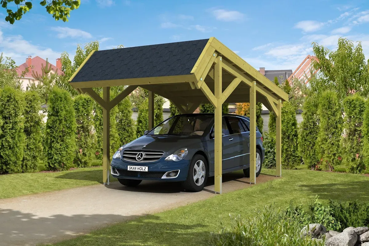 Skan Holz Harz Einzelcarport aus Nadelholz mit schwarzen Schindeln-imprägniert (farblich unbehandelt) Holzcarport