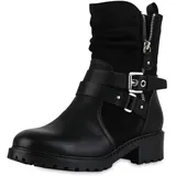 VAN HILL Damen Biker Boots Blockabsatz Schnallen Trendy Schuhe 216382 Schwarz 36 - 36 EU