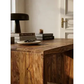 KADIMA DESIGN Schreibtisch TEKO: Massivholz Sheesham, Stauraum, abgerundete Ecken, stabil. Braun, 140x80x76 cm