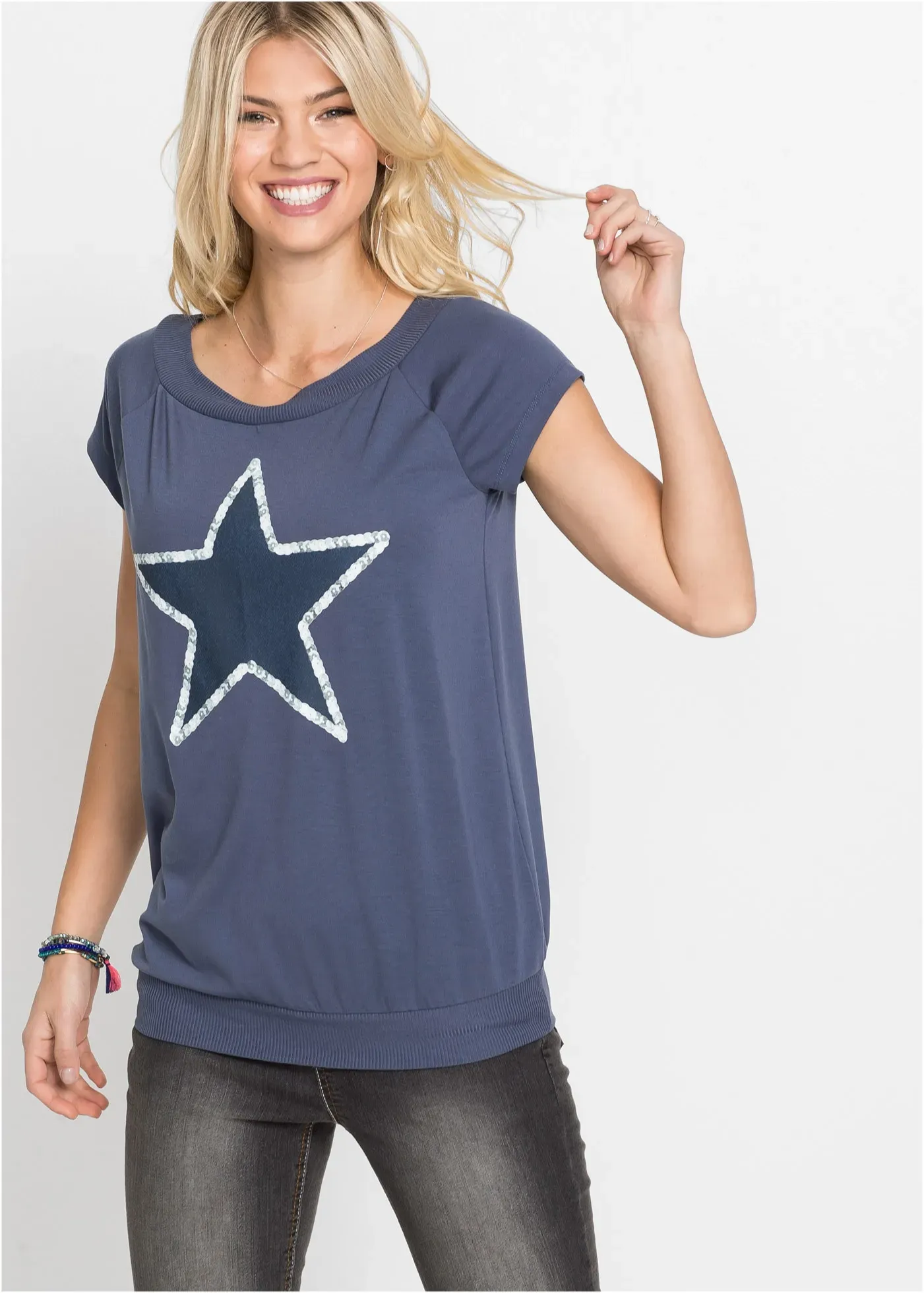 T-Shirt BONPRIX, Damen, Gr. 48/50 (XL), blau (indigo bedruckt), Jersey, Obermaterial: 64% Polyester, 32% Viskose, 4% Elasthan, bedruckt, unifarben, bequem hüftlang, U-Boot-Ausschnitt, Raglanärmel, Shirts T-Shirt, bequeme Passform, U-Boot-Ausschnitt, Rippbündchen