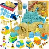 Magic Sand Kit - Spielsand Baukasten 1,35 kg Sand mit 2 Farben, 6 Mini Baufahrzeuge, Bauspielzeug und Schilder, Tierform, Modellierwerkzeuge, Faltbarer Sandkasten mit sauberen Set für Jungen Mädchen