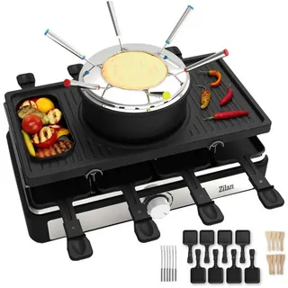Zilan Raclette Grill mit Fondue Set | 8-Personen Tischgrill | Mit kombinierter Grillfläche Naturgrillstein und Grillplatte 1.400 Watt